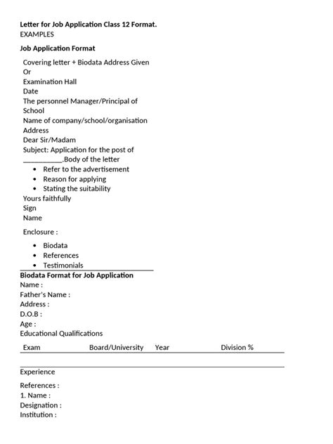 Job Application Letter Class 12