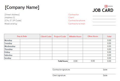 Job Card Template Excel