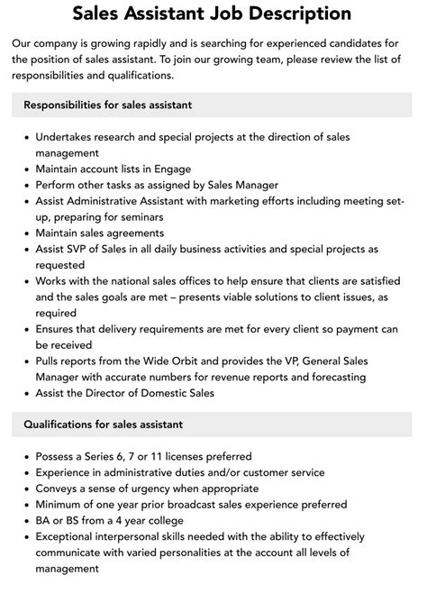 Download Job Description Documents For Sale Assistant 