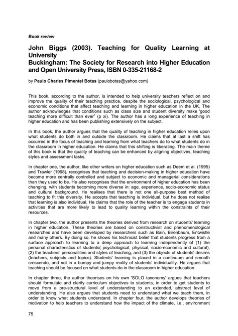 John Biggs 2003 Teaching For Quality Learning At