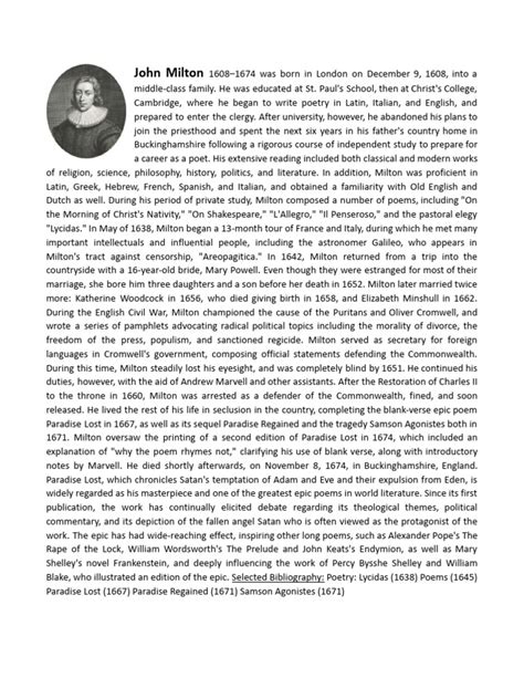 john milton biography summary form