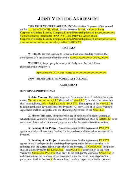 joint venture land development agreement sample