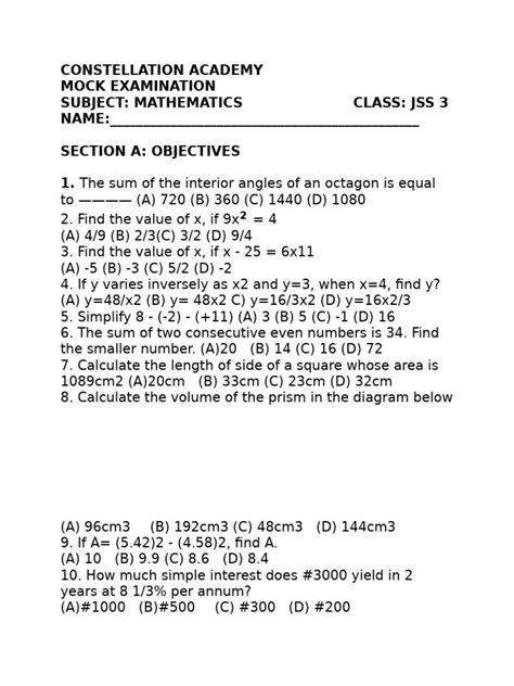jss 3 mathematics question 2014