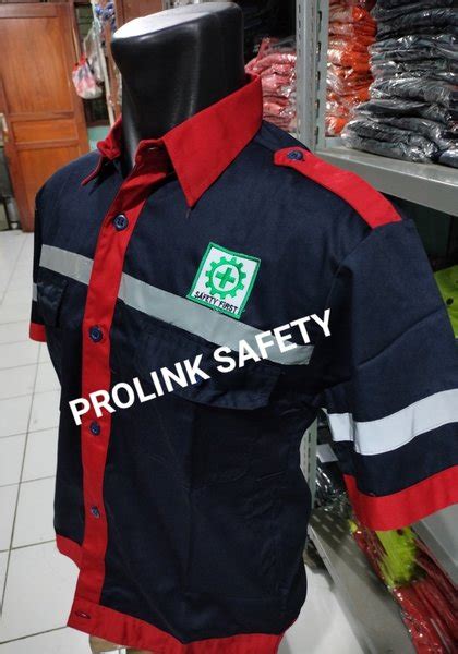 Jual Lengan Pendek Navy Kombinasi Garis Merah Kancing Baju Safety K3 - Baju Safety K3
