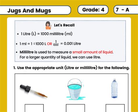 Jugs And Mugs Class 4 Worksheet With Answers Milliliters And Liters Worksheet - Milliliters And Liters Worksheet