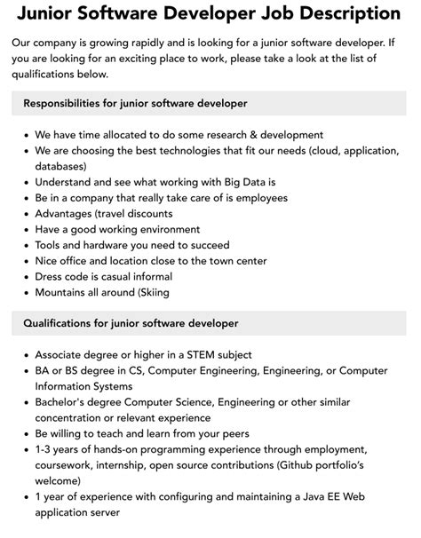 junior software developer job description