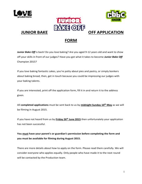 Download Junior Bake Off Application Forms For 2015 