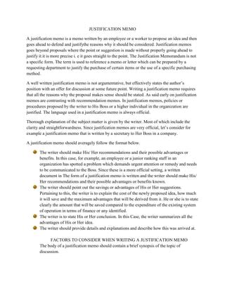 justification recommendation report internal memo example