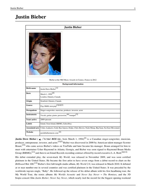 justin bieber biography summary page