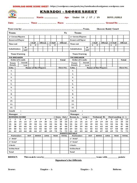 Kabaddi Score Sheet
