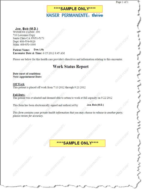 Kaiser Permanente Work Note
