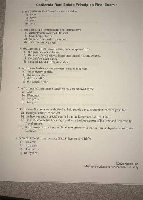 kaplan principles california final exam answer key