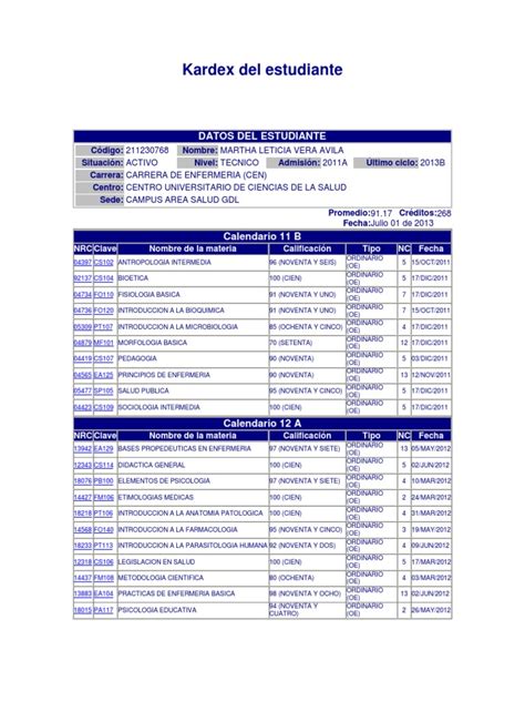 Kardex De Estudiante