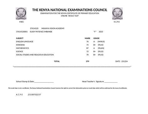 Kcpe Result Slip