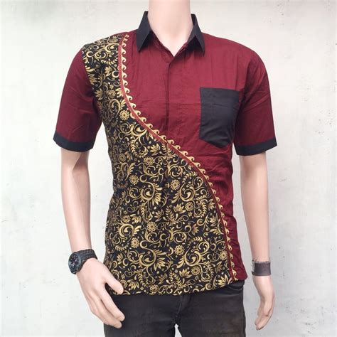 Kemeja Batik Kombinasi Polos  Kemeja Pria Batik Kombinasi Bordir Fesyen Pria Pakaian - Kemeja Batik Kombinasi Polos