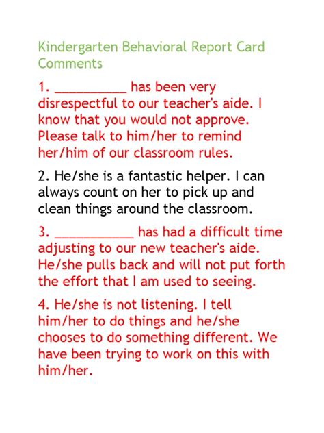 Kindergarten Behavioral Report Card Comments Kindergarten Behavior - Kindergarten Behavior