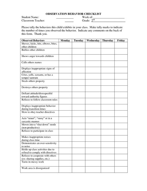 kindergarten classroom observation checklist