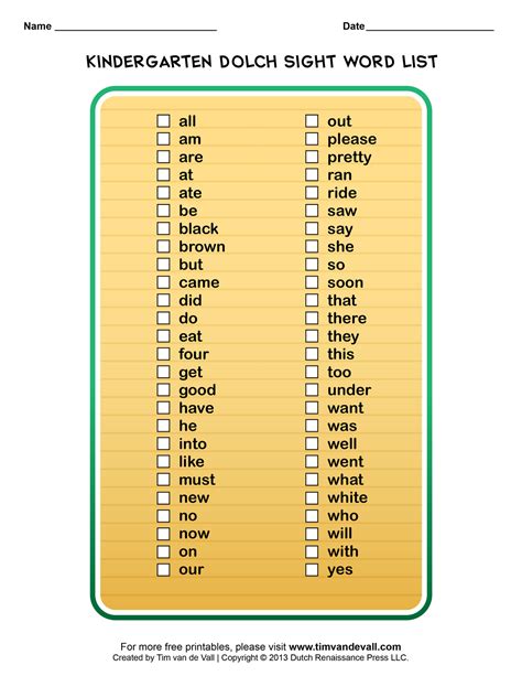 Kindergarten Dolche Word List   Free Printable Kindergarten Dolch Sight Word List - Kindergarten Dolche Word List