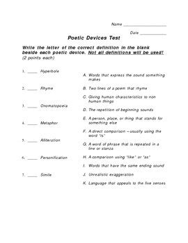 Kindergarten Poetic Devices Questions For Tests And Worksheets Identifying Poetic Devices Worksheet - Identifying Poetic Devices Worksheet