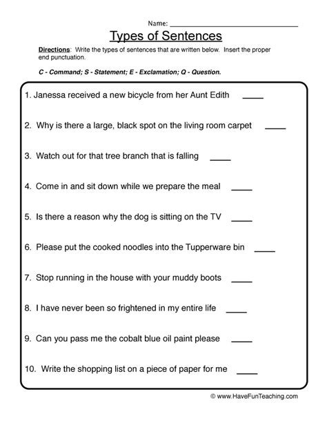 Kinds Of Sentences Worksheet For 5th 8th Grade Exercise On Kinds Of Sentences - Exercise On Kinds Of Sentences