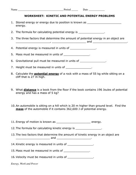 Kinetic And Potential Energy Problems Worksheet Answers Free Potential And Kinetic Energy Worksheet Answers - Potential And Kinetic Energy Worksheet Answers