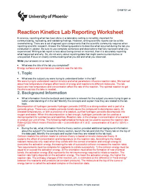 Kinetics Of A Reaction Lab Answers