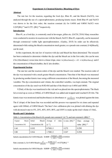Kinetics Of Bleaching Lab Report