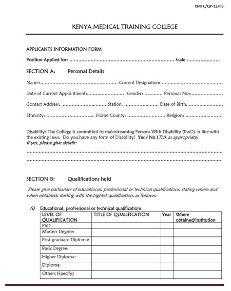 kmtc admission application form