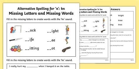 Kn Grapheme Missing Words Phase 5 Alternative Spelling Kn Words Worksheet - Kn Words Worksheet