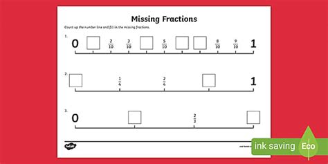 Ks1 Missing Fractions On A Number Line Worksheet Missing Number Fractions - Missing Number Fractions