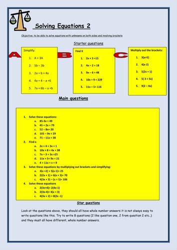 Ks3 Math Two Sided Linear Equations With Brackets Solving Equations On Both Sides Worksheet - Solving Equations On Both Sides Worksheet