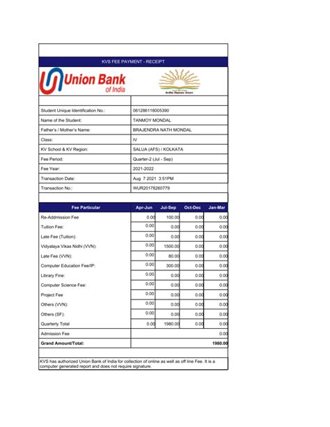 Kvs Fee Receipt