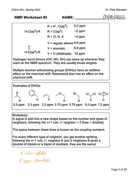 L Nmr Worksheet 3 04 25 E Rich Chem 3al Nmr Worksheet Answers - Chem 3al Nmr Worksheet Answers