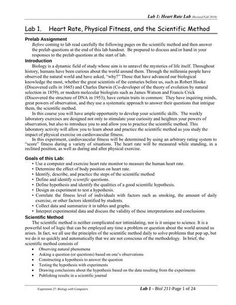 Lab 1 Heart Rate Physical Fitness And The Scientific Method