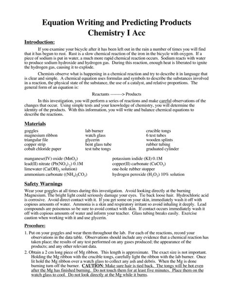 Lab Equation Writing And Predicting Products Answers