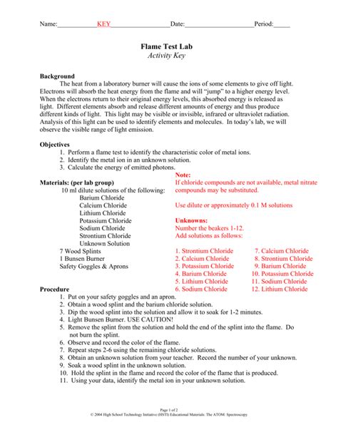 Lab Flame Test Answer Key