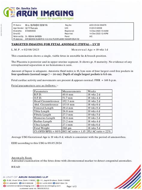 lab report showing fetus with down syndrome