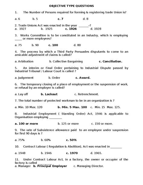 Labour Law Objective Type Questions Pdfsdocuments