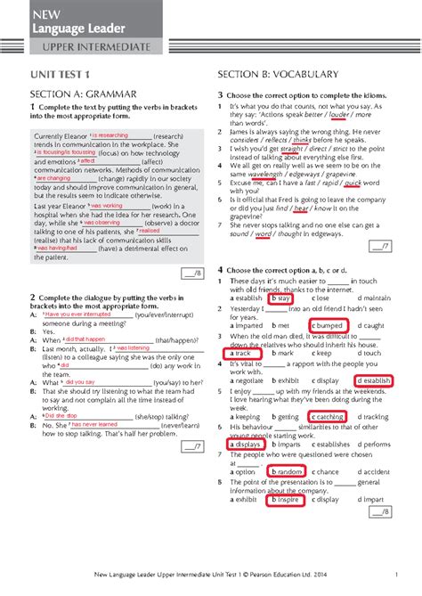 language leader intermediate unit 1 progress test