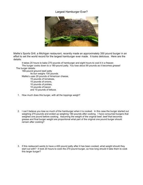 Largest Hamburger Ever Math Answers