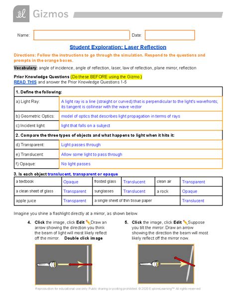 Laser Reflection Gizmo Answer Key Lab