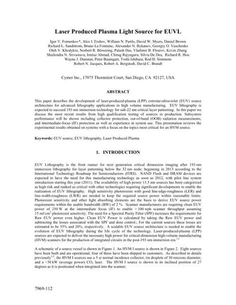 Read Laser Produced Plasma Light Source For Euvl Cymer 