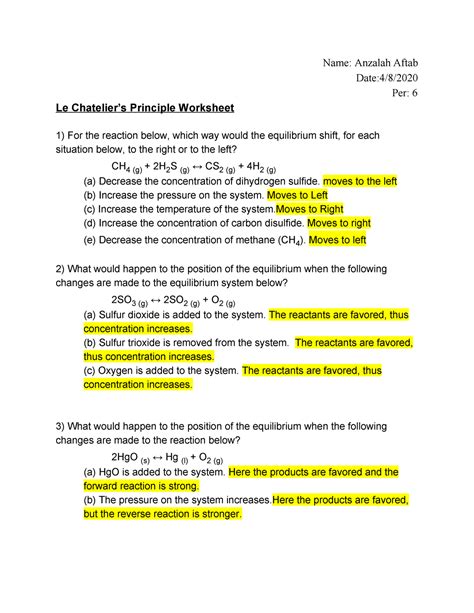 Le Chateliers Principle Practice Problems Chemistry Steps Worksheet Le Chatelier Principle Answers - Worksheet Le Chatelier Principle Answers