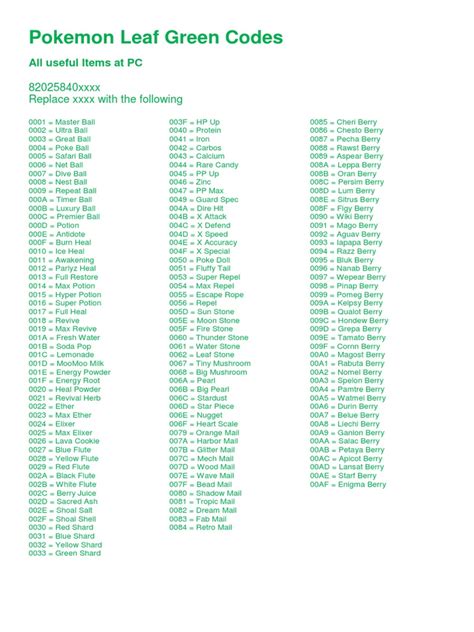 Leaf Green Cheat Codes