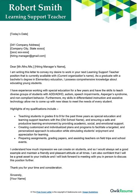 Learning Support Teacher Letter Sample