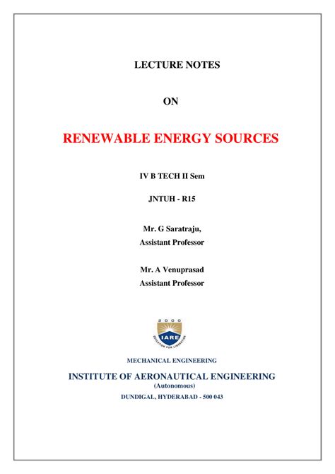 Lecture Notes On Renewable Energy Sources