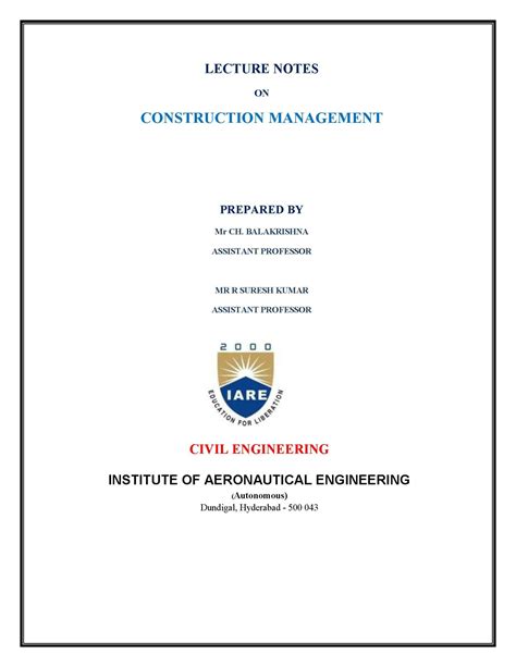 Read Online Lecture Notes On Construction Project Management 