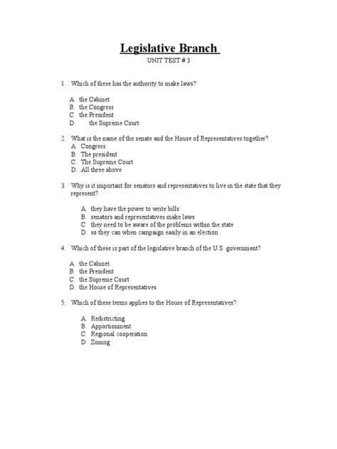 Legislative Branch Unit Test Multiple Choice Questions