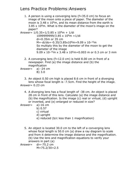 Lens Practice Problems Answers