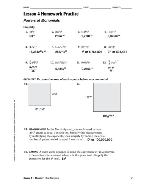 Lesson 4 Homework Practice Powers Of Monomials Answer Key